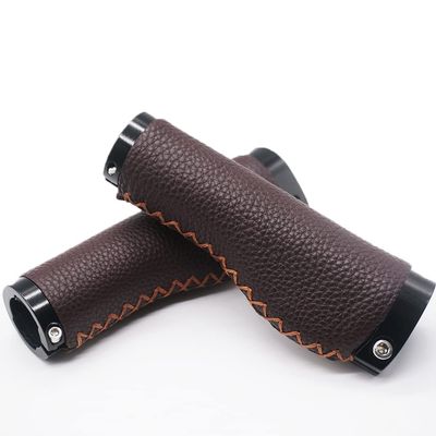 BBxunsless Mountain Bike Handlebar Lever Grips Vintage Handmade Leather Bike Grips Handlebar Inner Diameter 22.2mm Length 135mm for MTB BMX Mountain Bike (Brown-A)