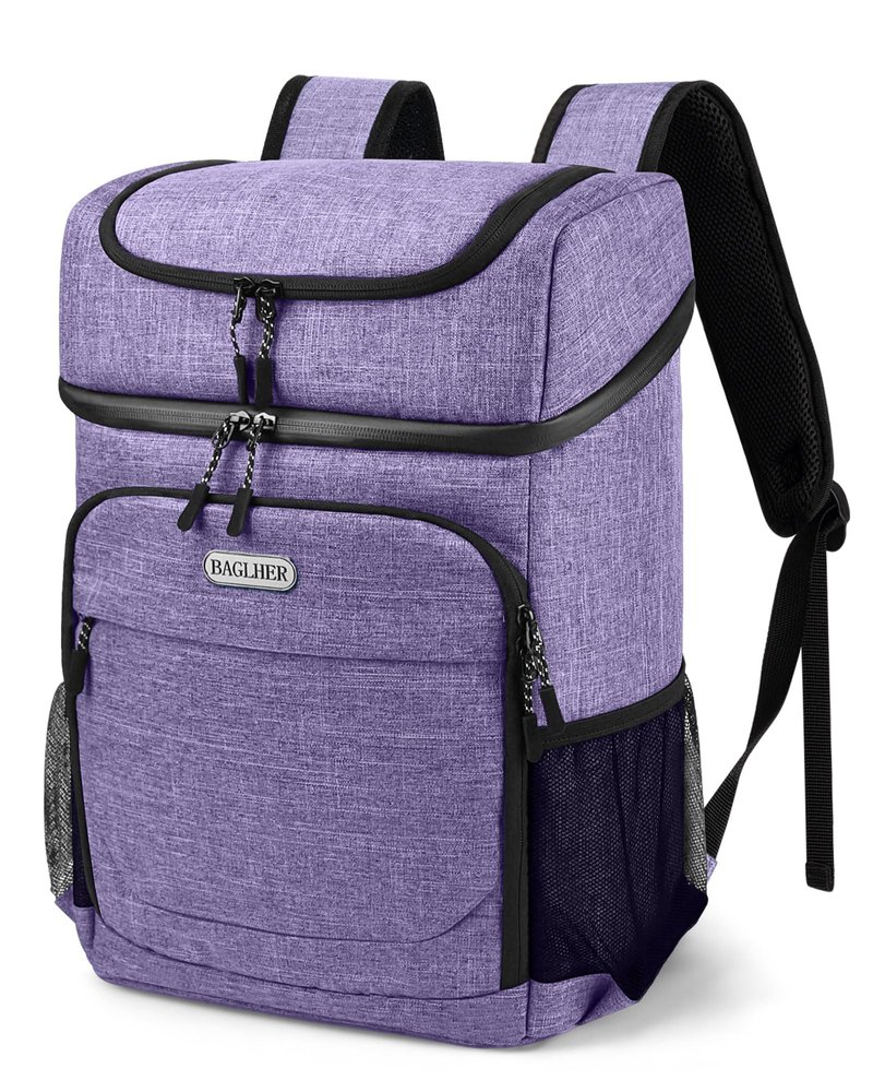 BAGLHER Cooler Backpack 30 Cans, Leakproof Waterproof Cooler Bag with 5 Reusable Ice Pack for Camping, Beach, Hiking, Purple