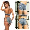 FEOYA Lace Up Mini Denim Shorts Sexy Cut Off Cheeky Hot Pants High Rise Ripped Hole Jeans Clubwear view 2