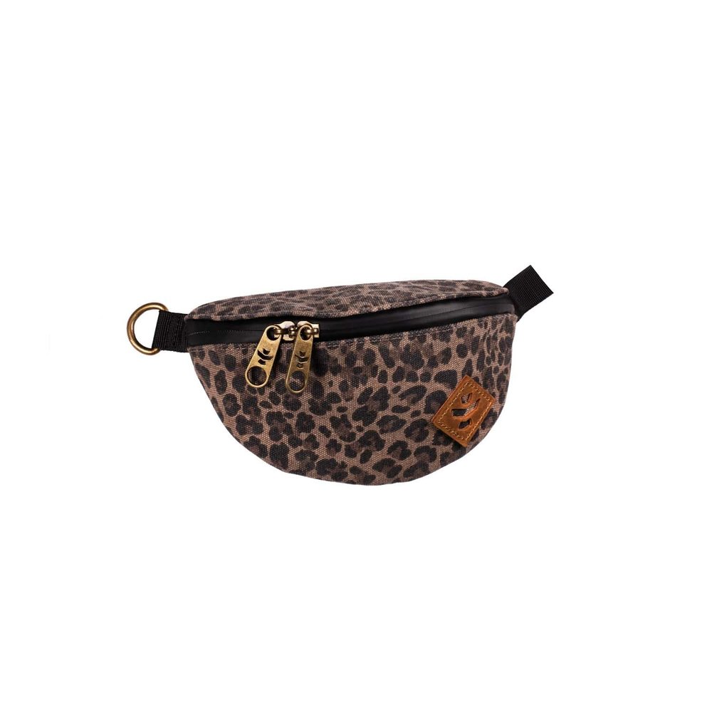 Revelry Amigo Waist Pack Hip Bag Small Exterior Trim, Brass Hardware for Men & Women Hip Bum Bag with WaterProof Zip Lock for Outdoors Workout Traveling Casual Running Hiking Cycling - Leopard