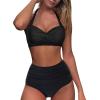 QWENTMTNTY Womens Two Piece High Waisted Swimsuit Solid Color Swimwear Pleated Padded Halter Top Tummy Control Bathing Suit view 1