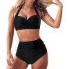 QWENTMTNTY Womens Two Piece High Waisted Swimsuit Solid Color Swimwear Pleated Padded Halter Top Tummy Control Bathing Suit view 2