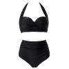 QWENTMTNTY Womens Two Piece High Waisted Swimsuit Solid Color Swimwear Pleated Padded Halter Top Tummy Control Bathing Suit view 3