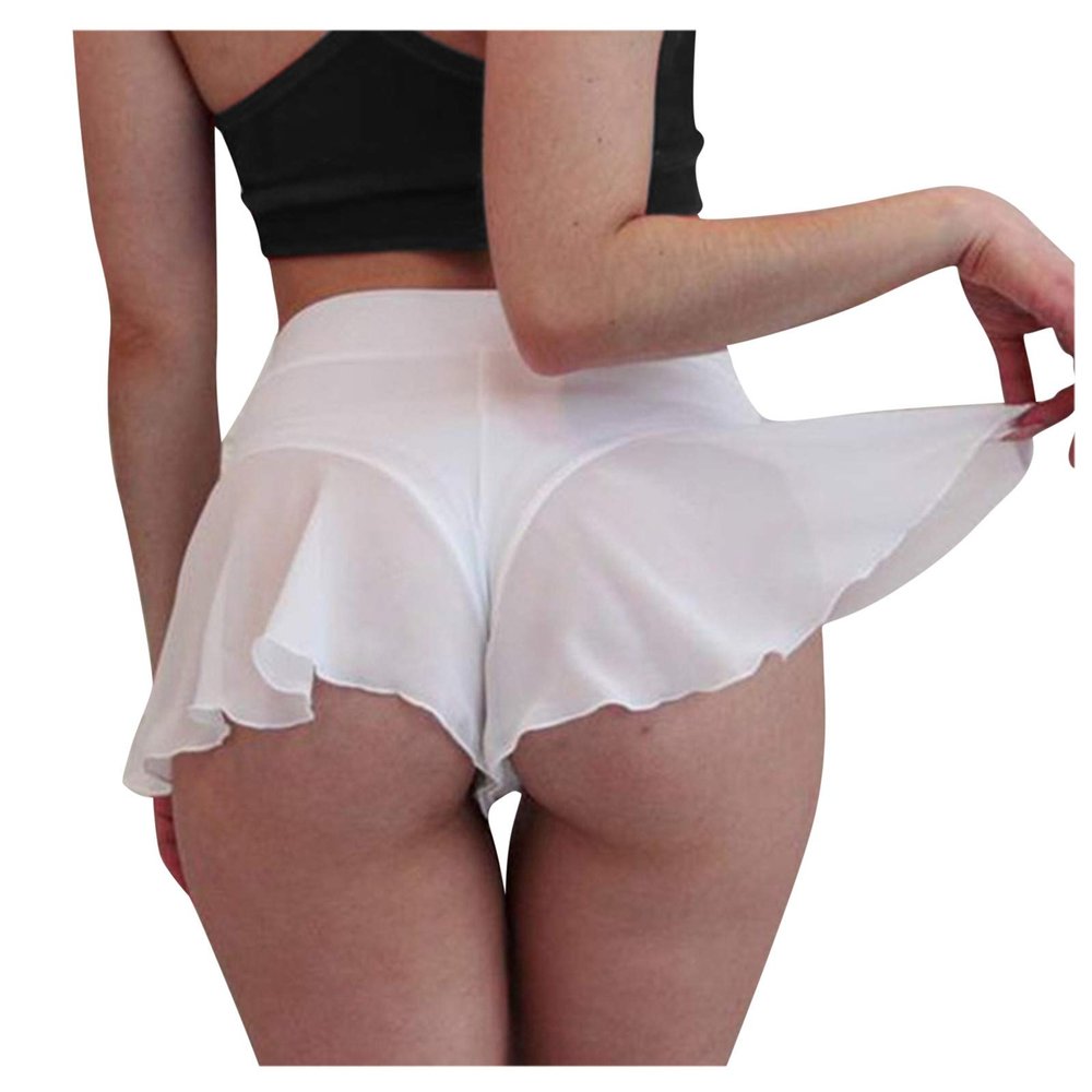 Womens Dance Booty Shorts Sexy High Waisted Pleated Tennis Skirts Ruffled Sheer Hot Short Pant Athletic Golf Yoga Shorts White