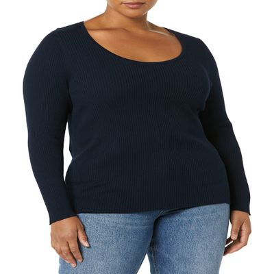 Amazon Essentials Women's Long-Sleeve Sweater Fine Gauge Stretch Scoop Neck, Available in Plus Sizes, Navy, Large