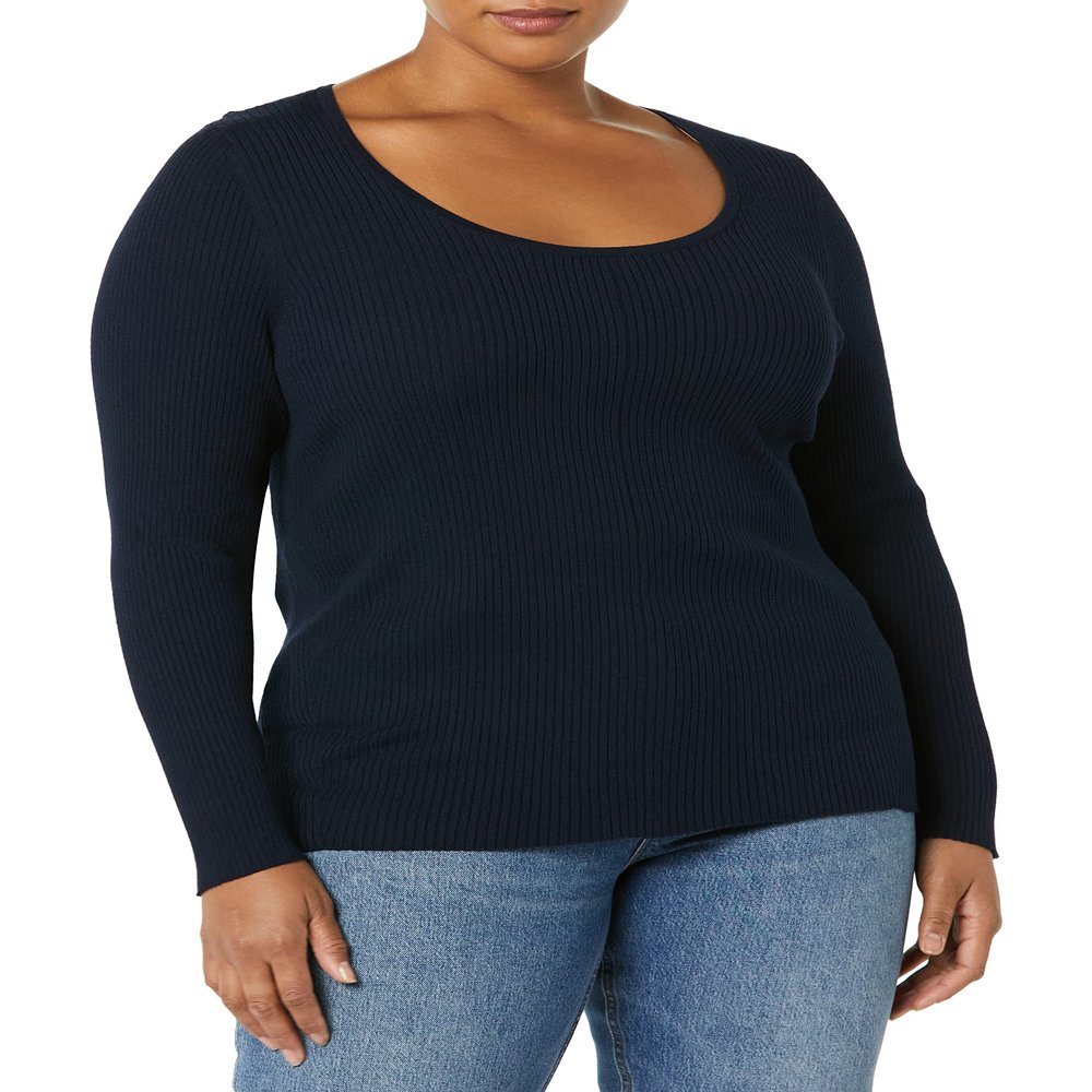 Amazon Essentials Women's Long-Sleeve Sweater Fine Gauge Stretch Scoop Neck, Available in Plus Sizes, Navy, Large
