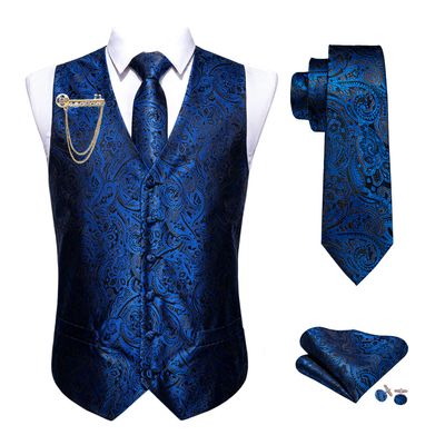 Barry.Wang Royal Blue Vest for Men Paisley Silk Jacquard Waistcoat Ties Handkerchief Cufflinks Set Business/Leisure 5PCS
