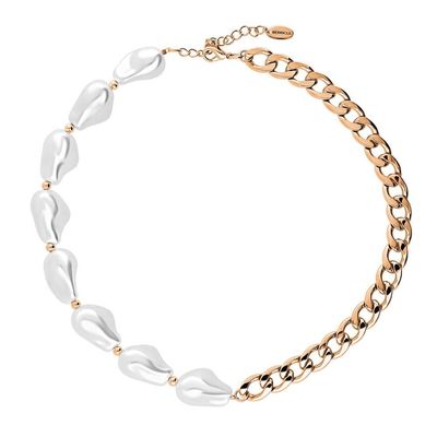 BERRICLE Imitation Pearl Statement Fashion Curb Chain Necklace for Women 16 inch, Rose Gold Flashed
