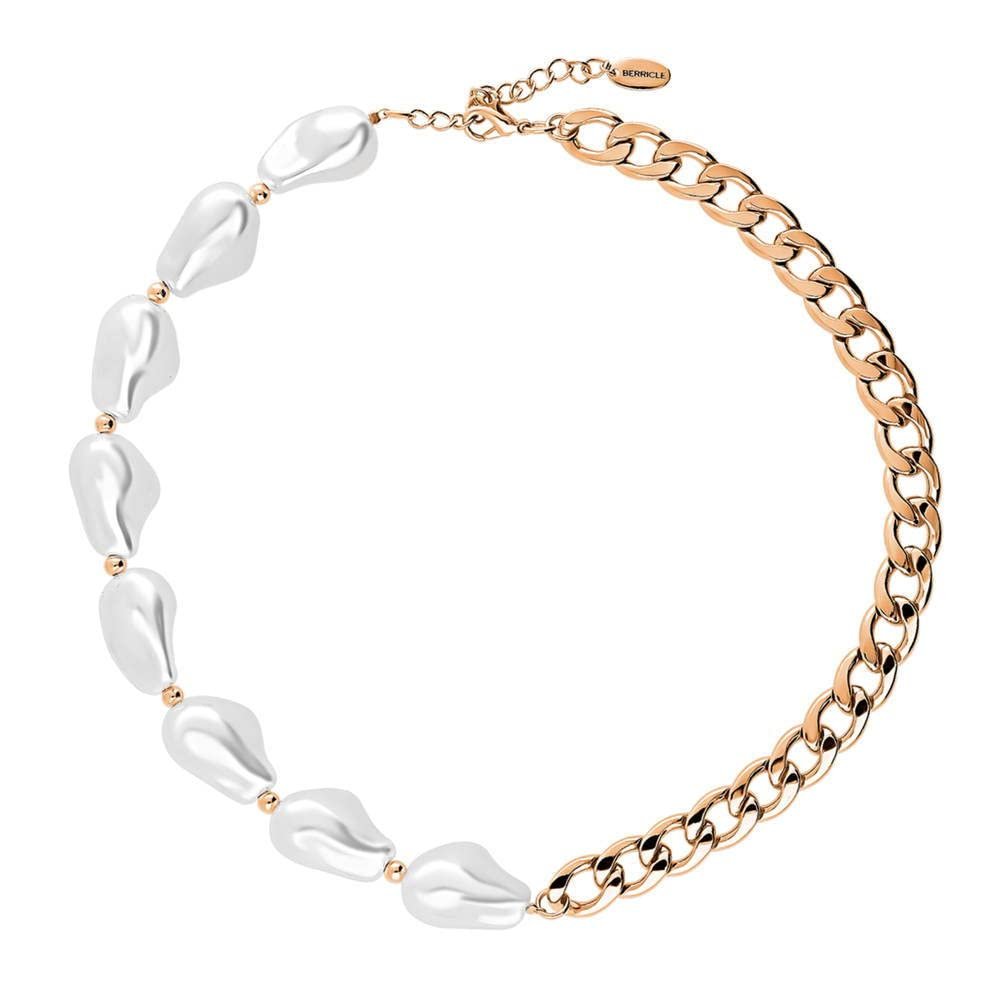 BERRICLE Imitation Pearl Statement Fashion Curb Chain Necklace for Women 16 inch, Rose Gold Flashed