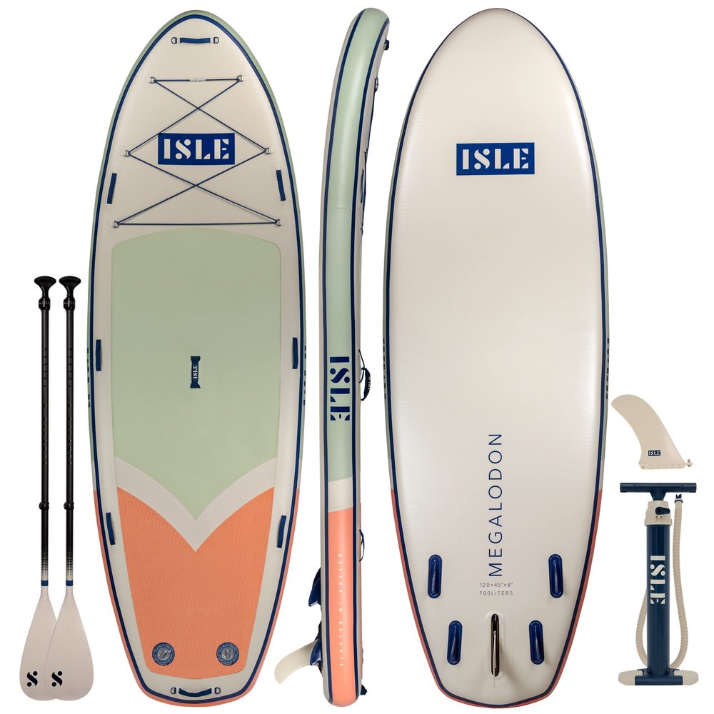 ISLE Megalodon Inflatable Stand Up Paddle Board & iSUP Bundle Accessory Pack - Up to 1,050 lbs Capacity  Durable, Lightweight, Stable  12' L x 45" W x 8" OR 15' L x 56" W x 8" (Seafoam/Peach, 15')
