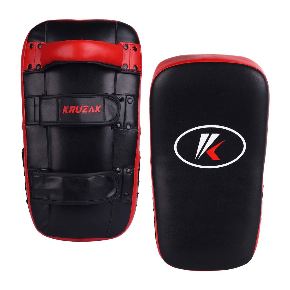 Kruzak Muay Thai Kick Pad for Training, Kicking Strike Shield for Kickboxing Martial Arts Sparring Taekwondo Muay Thai MMA Karate and Combat Sports (Black/Red Pack of 2)