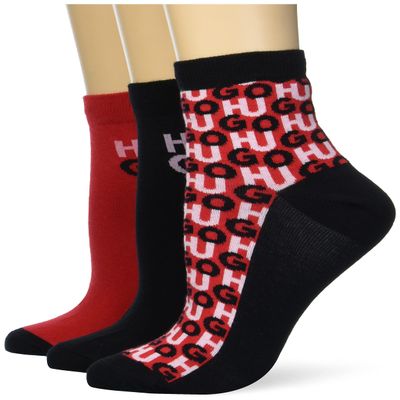 HUGO womens Three Pack Cotton Mix Ankle Casual Sock, Red/Red All Over Logo/Black Logo, 3 9 US