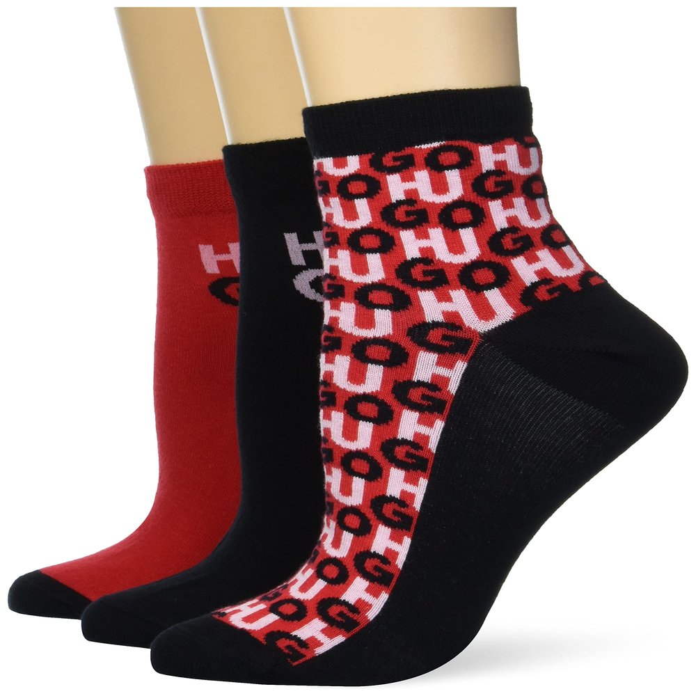 HUGO womens Three Pack Cotton Mix Ankle Casual Sock, Red/Red All Over Logo/Black Logo, 3 9 US