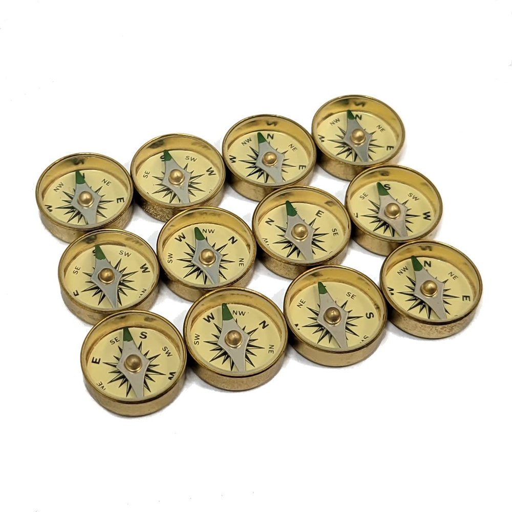 Survival Button Compass | Small, Inexpensive, Air-damped Brass Compasses | Great for Survival Kits, School Teaching Projects, Jewelry Making, Camping, and Hiking (Large - 12 Pieces)
