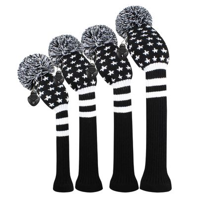 Scott Edward Knitted Golf Head Covers 4PCS Handmade Fit Well for Driver and Fairway Woods with Long Neck Pom Pom Golf Club Headcovers Set (Black Star)