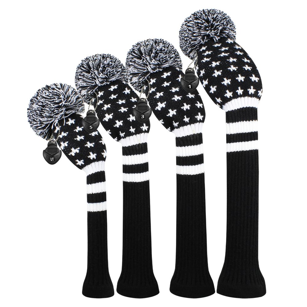Scott Edward Knitted Golf Head Covers 4PCS Handmade Fit Well for Driver and Fairway Woods with Long Neck Pom Pom Golf Club Headcovers Set (Black Star)