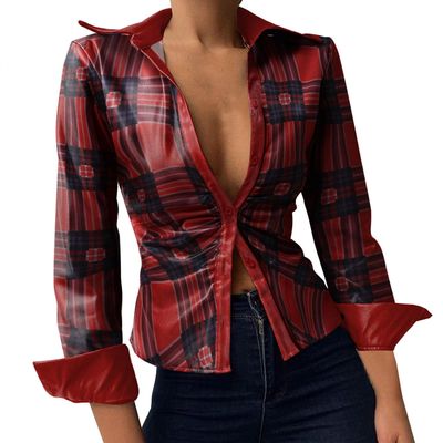 Womens Sexy Button Front PU Faux Leather Shirts Plus Size Long Sleeve Rolled up Lapel Neck Casual Slim Fit Tops Blouse B-red