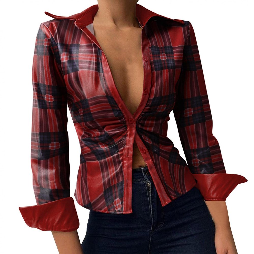 Womens Sexy Button Front PU Faux Leather Shirts Plus Size Long Sleeve Rolled up Lapel Neck Casual Slim Fit Tops Blouse B-red