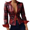Womens Sexy Button Front PU Faux Leather Shirts Plus Size Long Sleeve Rolled up Lapel Neck Casual Slim Fit Tops Blouse B-red view 1