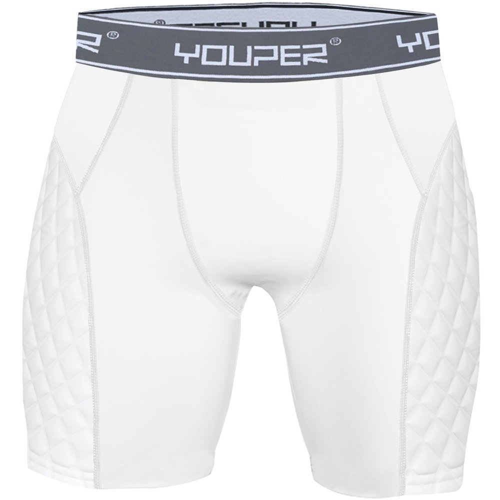 Youper Youth Elite Compression Padded Sliding Shorts w/Cup Pocket for Baseball, Football (White/Grey, Large)