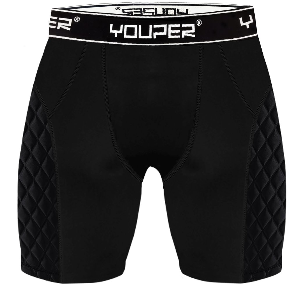 Youper Youth Elite Compression Padded Sliding Shorts w/Cup Pocket for Baseball, Football (Black/White, Large)
