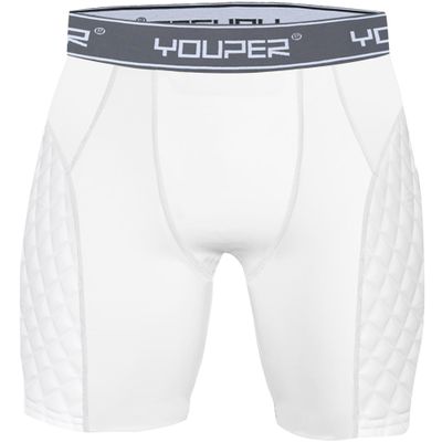 Youper Youth Elite Compression Padded Sliding Shorts w/Cup Pocket for Baseball, Football (White/Grey, Small)