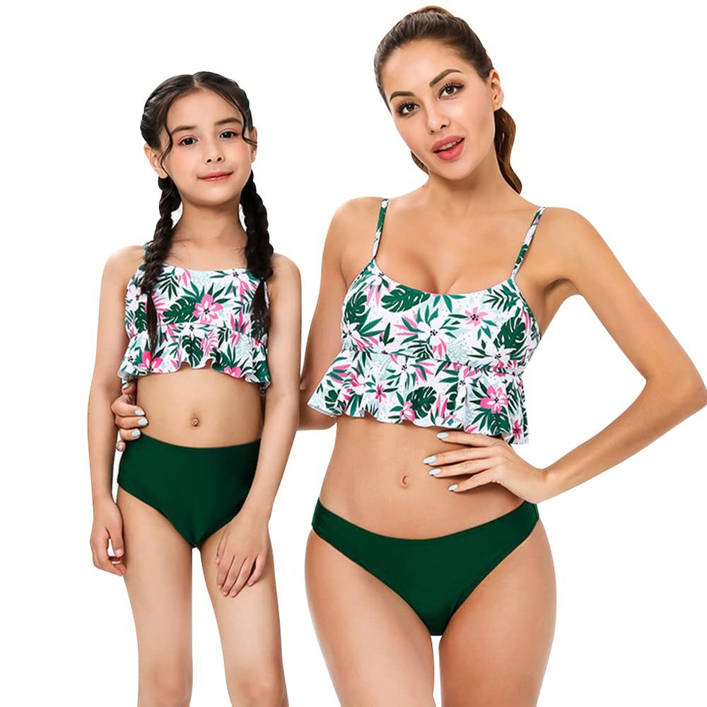 Mother Daughter Matching Swimsuits Family Mommy Girls Matching Swimwear One Piece Ruffle Leaves Printed Monokini Bikini Tankini Family Matching Swimwear Green 9-10 Years
