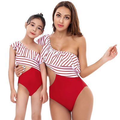 Mommy and Me Swimsuits Matching One Piece Ruffle Leaves Printed Monokini Bathing Beach Mother Daughter Family Matching Swimwear red Ruffle 9-10 Years