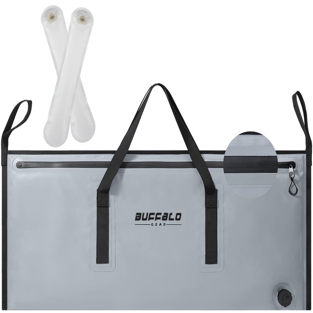 Buffalo Gear Insulated Fishing Kill Bag 40x18In,Leakproof Fish Cooler Bag with 2 Reusable Cooler Ice Packs Large Portable Waterproof Fish Bag Keep Ice-cold More than 48 Hours (Watertight Zipper)
