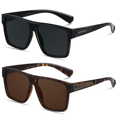 ANDWOOD Square Polarized Sunglasses For Men Women UV Protection Oversized Flat Top Big Shades Fashion Driving Sun glasses 2 Pack Black Tortoise