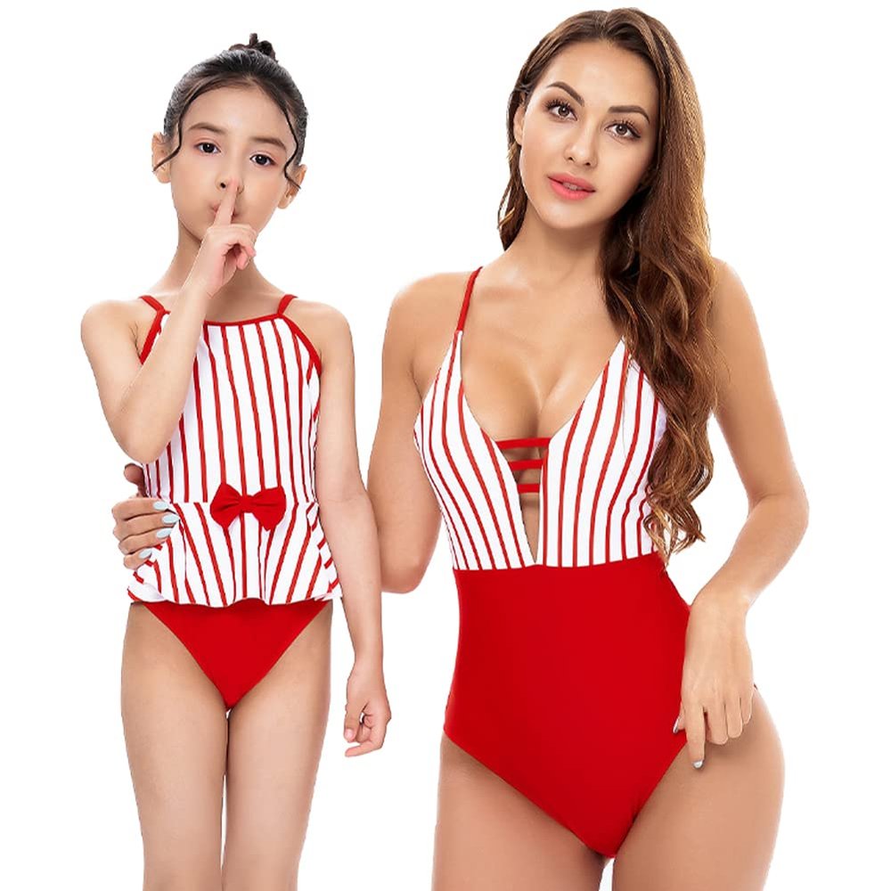 Mother and Daughter Swimwear Mommy and Me Bathing Suits High Waist Family Matching Swimsuit One Piece/Two-Pieces Falbala Bikini Monokini Set red Stripes M