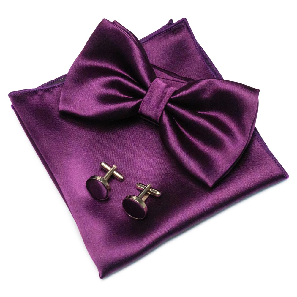JEMYGINS Purple Bow Tie Pre-tied Silk Bowtie and Pocket Square Cufflinks Sets for Men