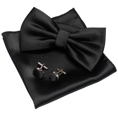 JEMYGINS Black Bow Tie Pre-tied Silk Bowtie and Pocket Square Cufflinks Sets for Men