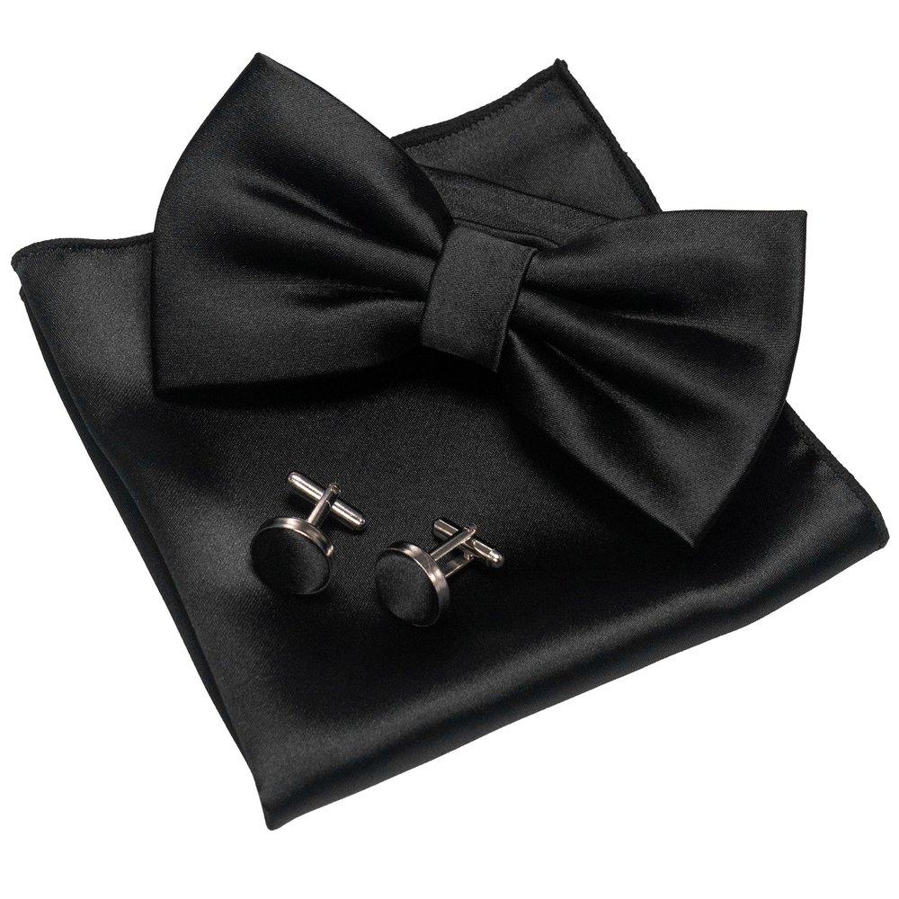 JEMYGINS Black Bow Tie Pre-tied Silk Bowtie and Pocket Square Cufflinks Sets for Men
