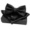 JEMYGINS Black Bow Tie Pre-tied Silk Bowtie and Pocket Square Cufflinks Sets for Men view 3