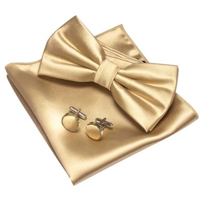 JEMYGINS Champagne Bow Tie Pre-tied Silk Bowtie and Pocket Square Cufflinks Sets for Men