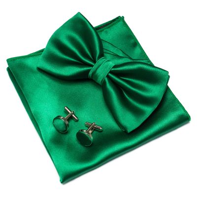 JEMYGINS Green Bow Tie Pre-tied Silk Bowtie and Pocket Square Cufflinks Sets for Men