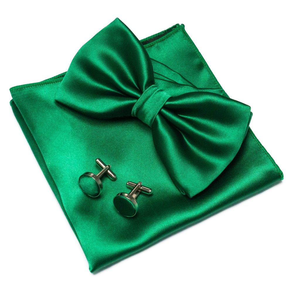 JEMYGINS Green Bow Tie Pre-tied Silk Bowtie and Pocket Square Cufflinks Sets for Men