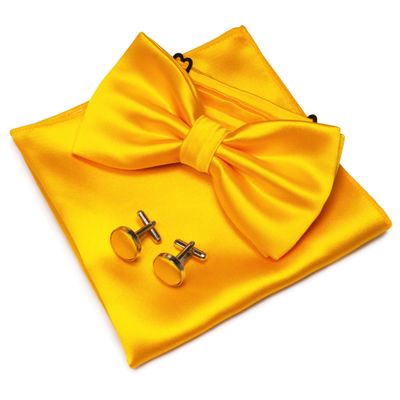 JEMYGINS Yellow Bow Tie Pre-tied Silk Bowtie and Pocket Square Cufflinks Sets for Men