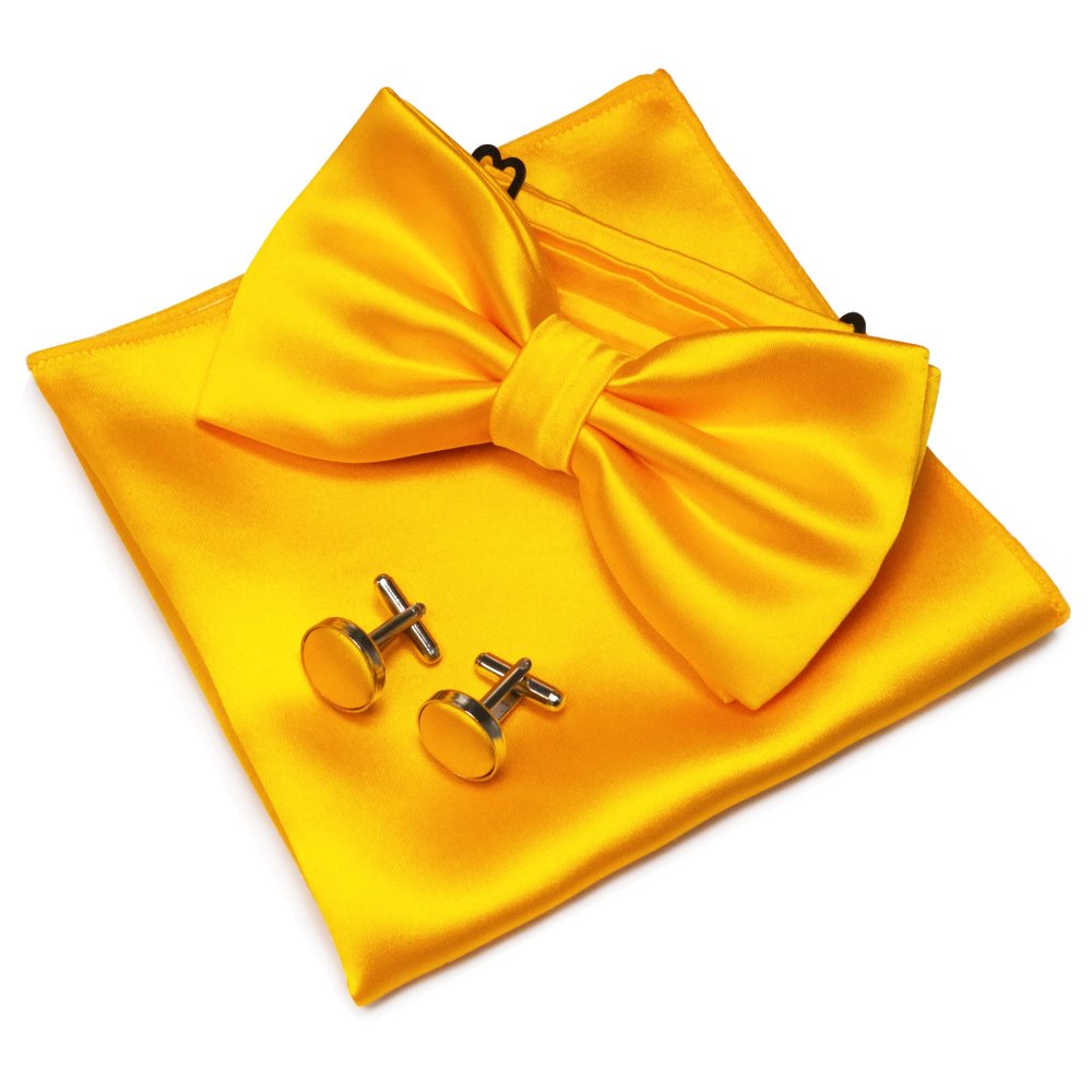 JEMYGINS Yellow Bow Tie Pre-tied Silk Bowtie and Pocket Square Cufflinks Sets for Men