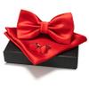 JEMYGINS Red Bow Tie Pre-tied Silk Bowtie and Pocket Square Cufflinks Sets for Men view 3