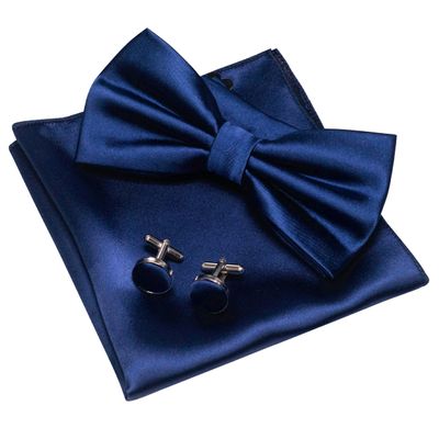 JEMYGINS Navy Blue Bow Tie Pre-tied Silk Bowtie and Pocket Square Cufflinks Sets for Men