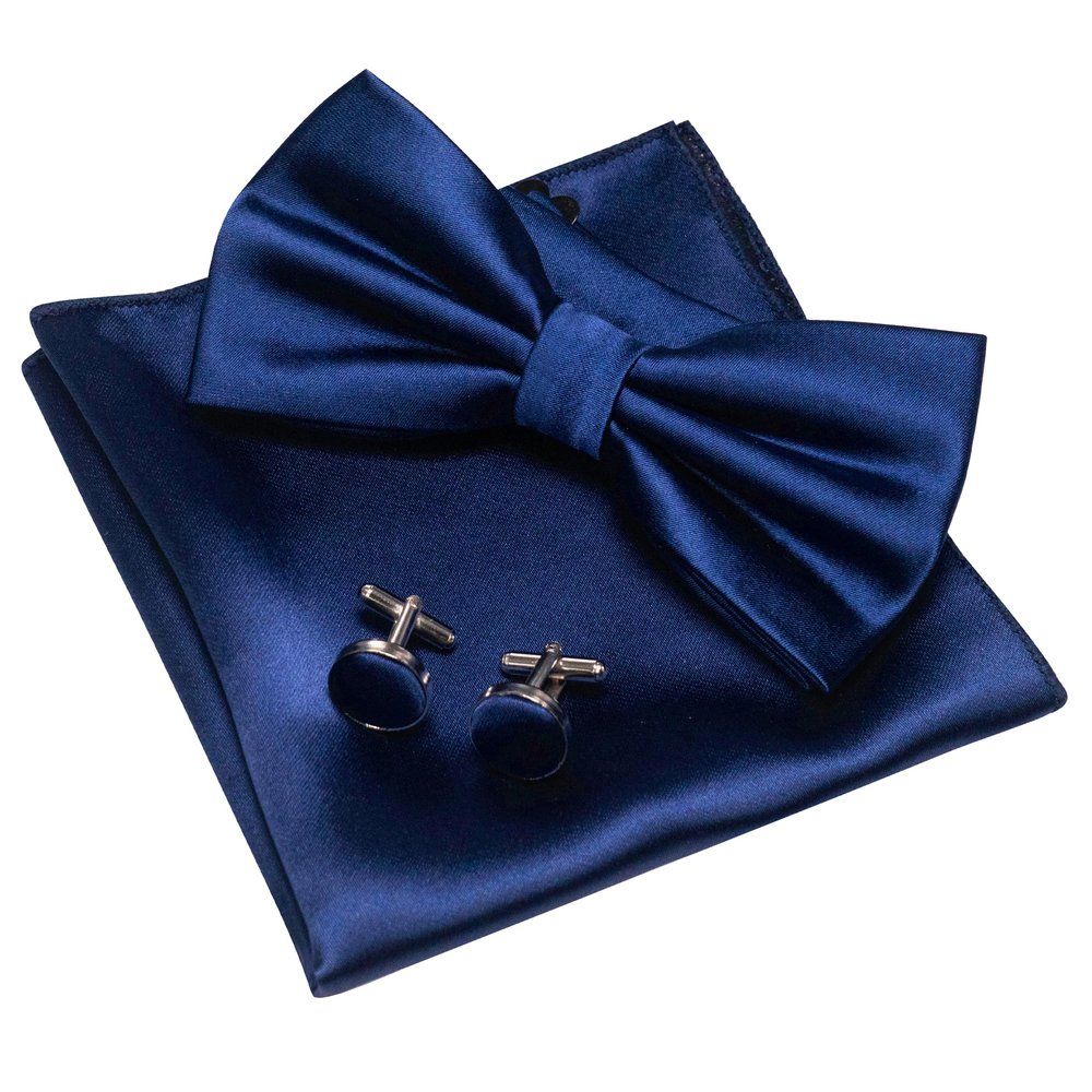 JEMYGINS Navy Blue Bow Tie Pre-tied Silk Bowtie and Pocket Square Cufflinks Sets for Men