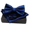 JEMYGINS Navy Blue Bow Tie Pre-tied Silk Bowtie and Pocket Square Cufflinks Sets for Men view 3