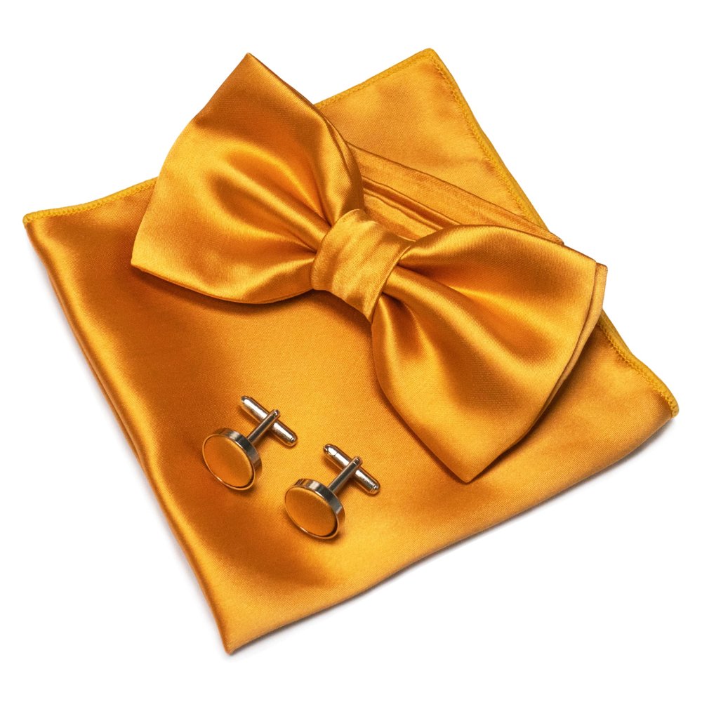 JEMYGINS Gold Bow Tie Pre-tied Silk Bowtie and Pocket Square Cufflinks Sets for Men