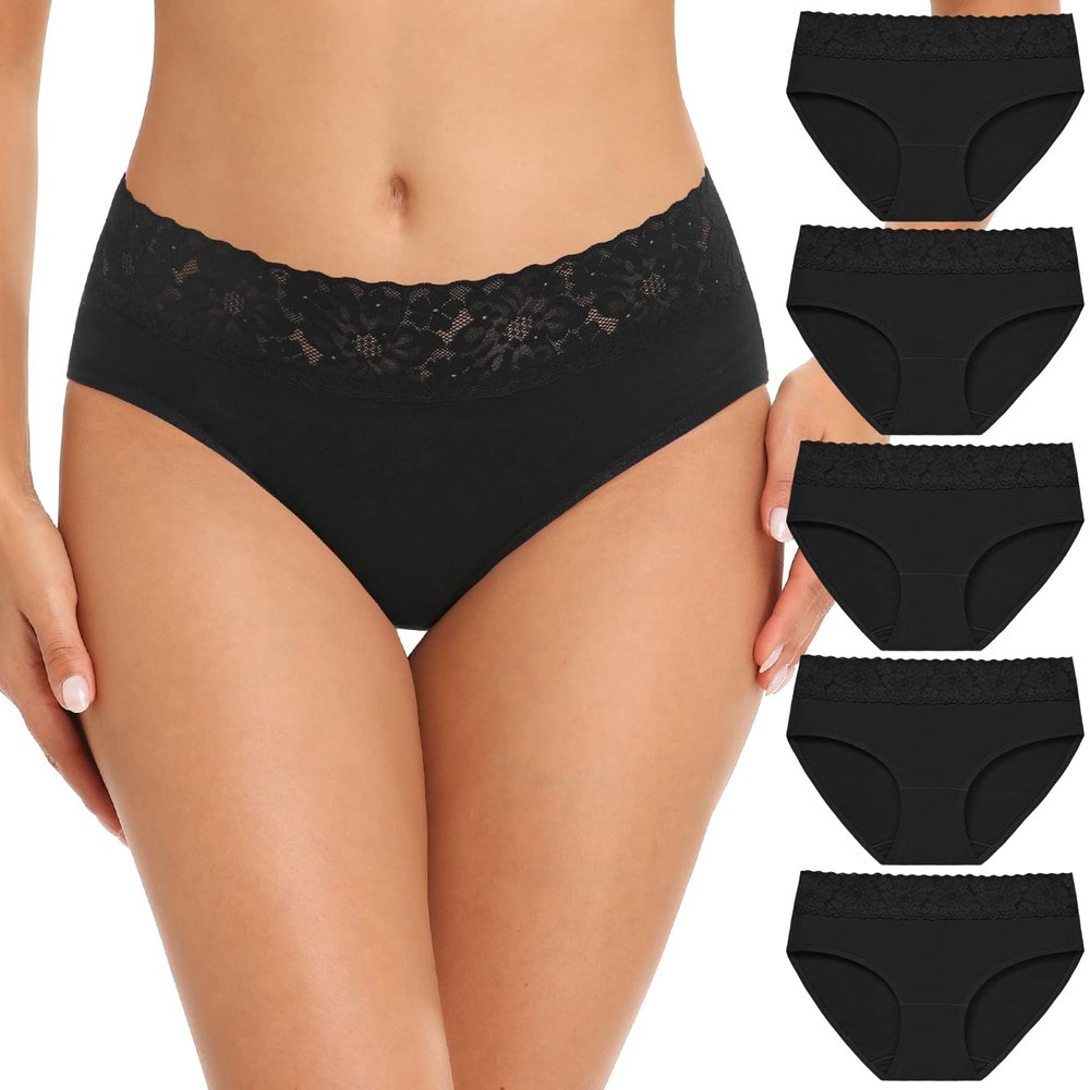 RHYFF Womens Underwear Cotton Hipster Panties Lace Soft Bikini Panty Ladies Stretch Full Briefs 5 Pack S-XL(R6004M-Black)