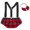 Freebily Baby Boys Girls Plaid Suspenders Bloomers Y-Shape Bib Shorts and Bow Tie Set Casual Outfit Red 9-12 Months view 2