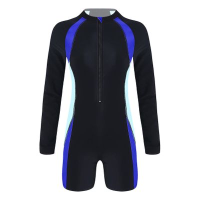 CHICTRY Women Solid Color Long Sleeve Zip Up Shorty Wetsuit UPF 50+ Rashguard Shirts Swimsuit Black&Royal Blue Large