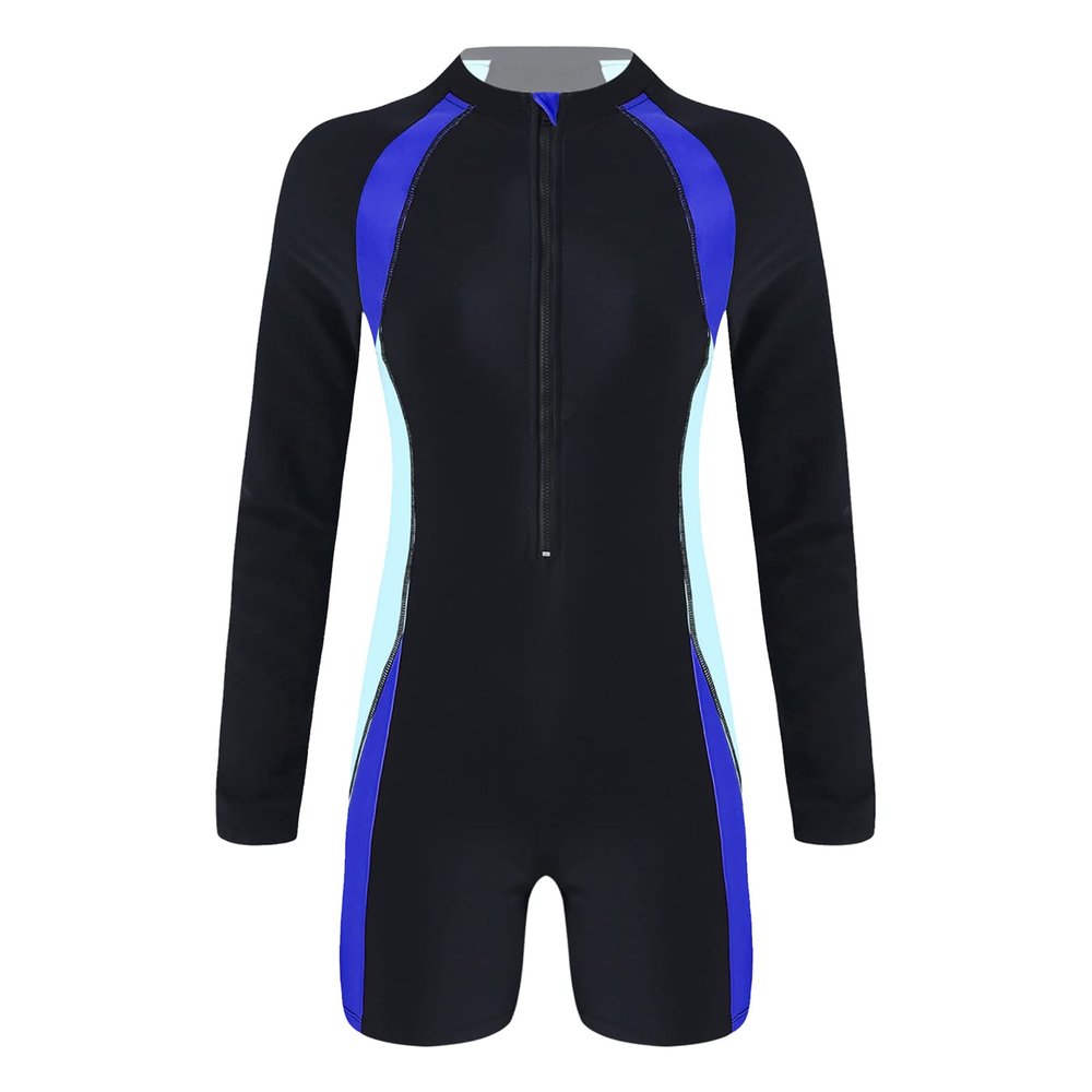 CHICTRY Women Solid Color Long Sleeve Zip Up Shorty Wetsuit UPF 50+ Rashguard Shirts Swimsuit Black&Royal Blue Large