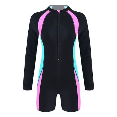 CHICTRY Women Solid Color Long Sleeve Zip Up Shorty Wetsuit UPF 50+ Rashguard Shirts Swimsuit Pink&Blue Large